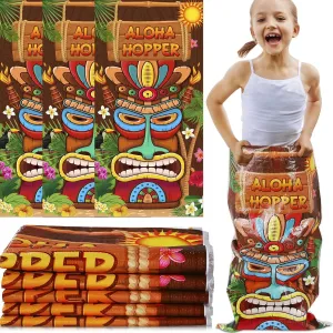 10 Pcs Potato Sack Race Bags, Tiki Luau Race Car Horror Birthday Party Favors Supplies, Hawaiian Luau Party Games Outdoor Beach Jumping Bags for Kids Adults Summer Tropical Racing Halloween (Tiki)