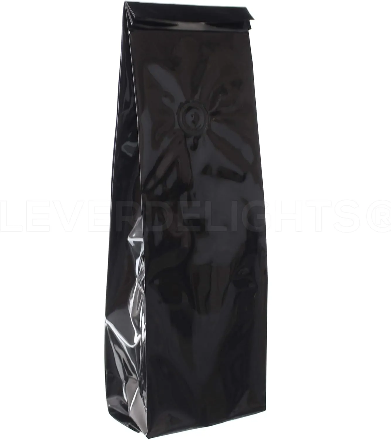 100 Pack - CleverDelights Glossy Black Coffee Bags with Degassing Valve - Side Gusset - 1Lb (16oz) Bags