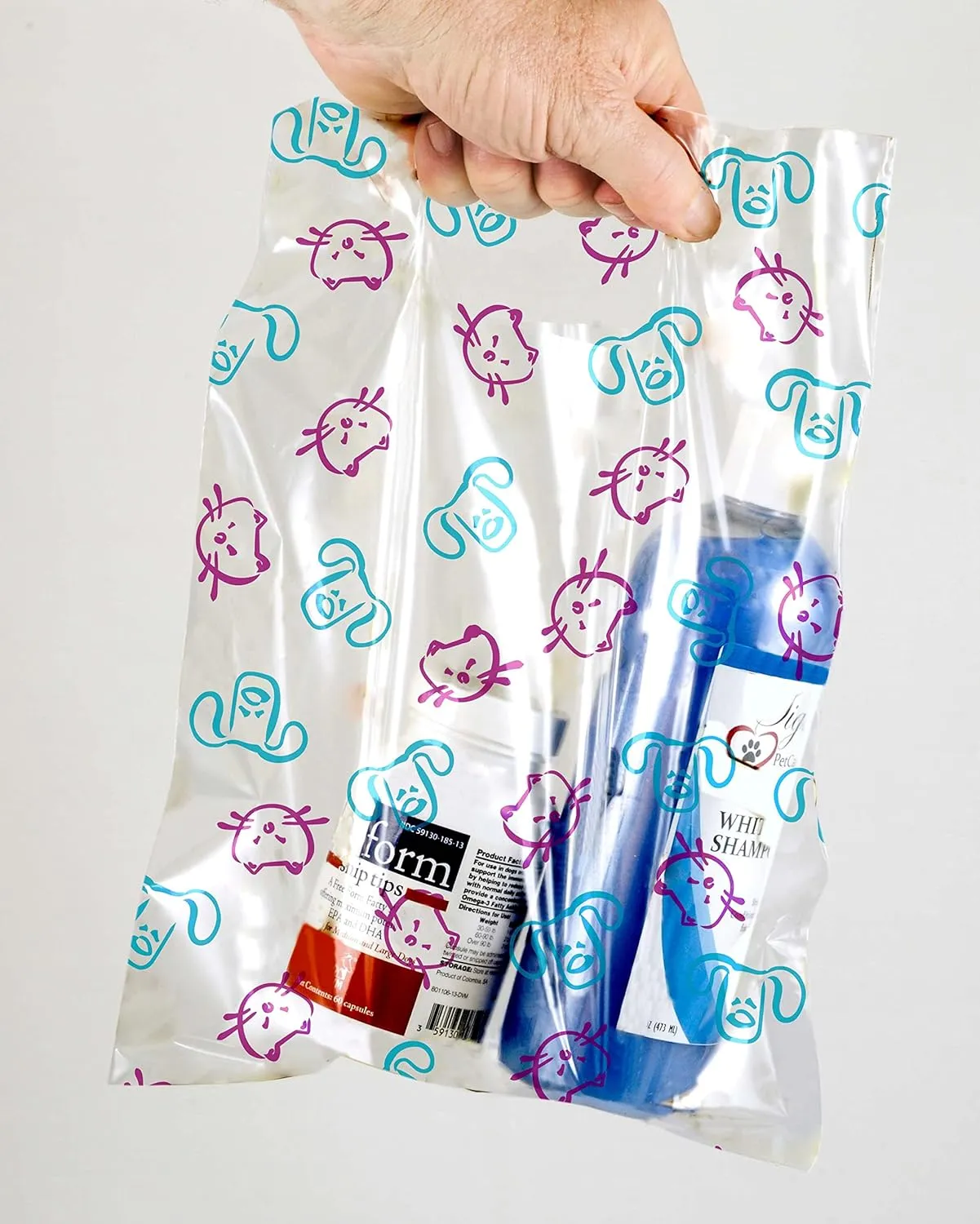 100 Pcs Pet Themed Print Bags — Cartoon Dog & Cat Faces, MSP1007 Clear Plastic Scatter Bags, Veterinary Treat Bags for Cat & Dog — Goodie Storage Bag w/Handles for Parties — Teal & Pink (9 x 12)
