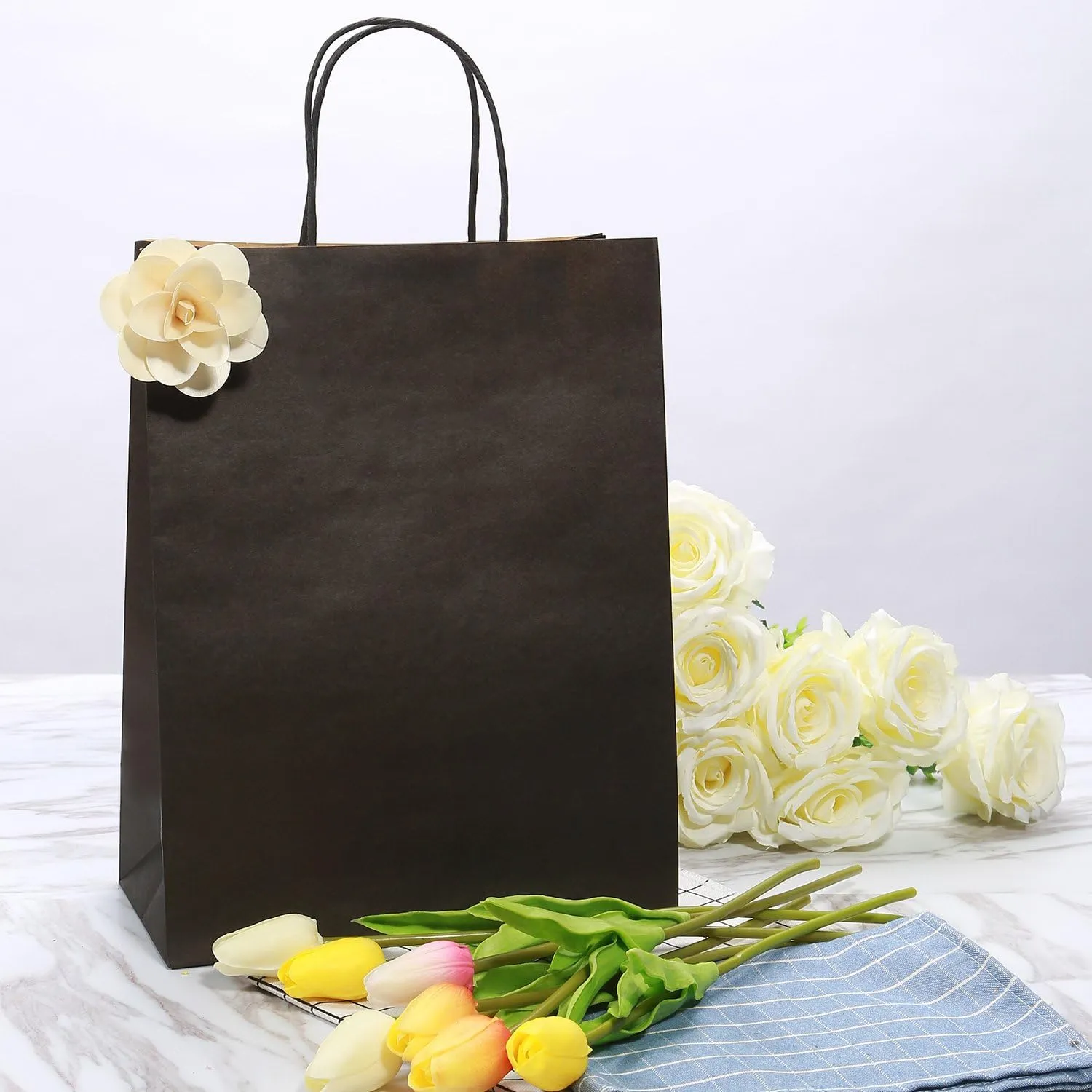100Pcs Gift Bags Large, 10x5x13 Inches Black Gift Bags Bulk, Recycled Paper Bag With Handles, Kraft Bag For Shopping, Retail, Grocery, Boutique, Business, Mother's Day