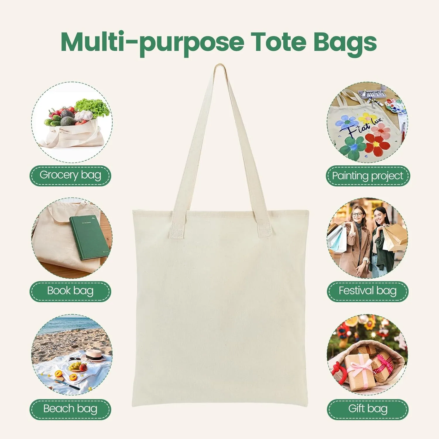12 Pack Canvas Tote Bag - Lightweight Thin Tote Bags Bulk Blank Shopping Reusable Grocery Bags for DIY Gift Sublimation Activity - Beige