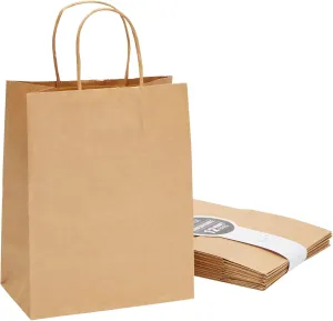 12 Pack Medium Paper Bags with Handles, Bulk Brown Bags for Party Favors, Goodies (8 x 4.75 x 10 In)