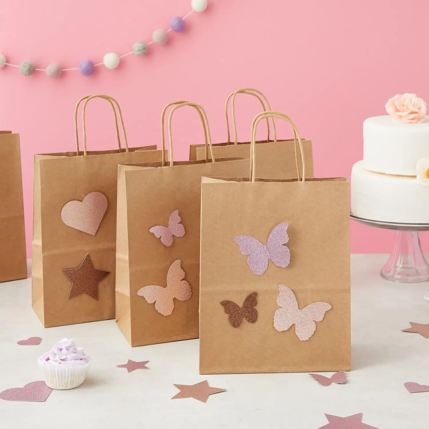 12 Pack Medium Paper Bags with Handles, Bulk Brown Bags for Party Favors, Goodies (8 x 4.75 x 10 In)