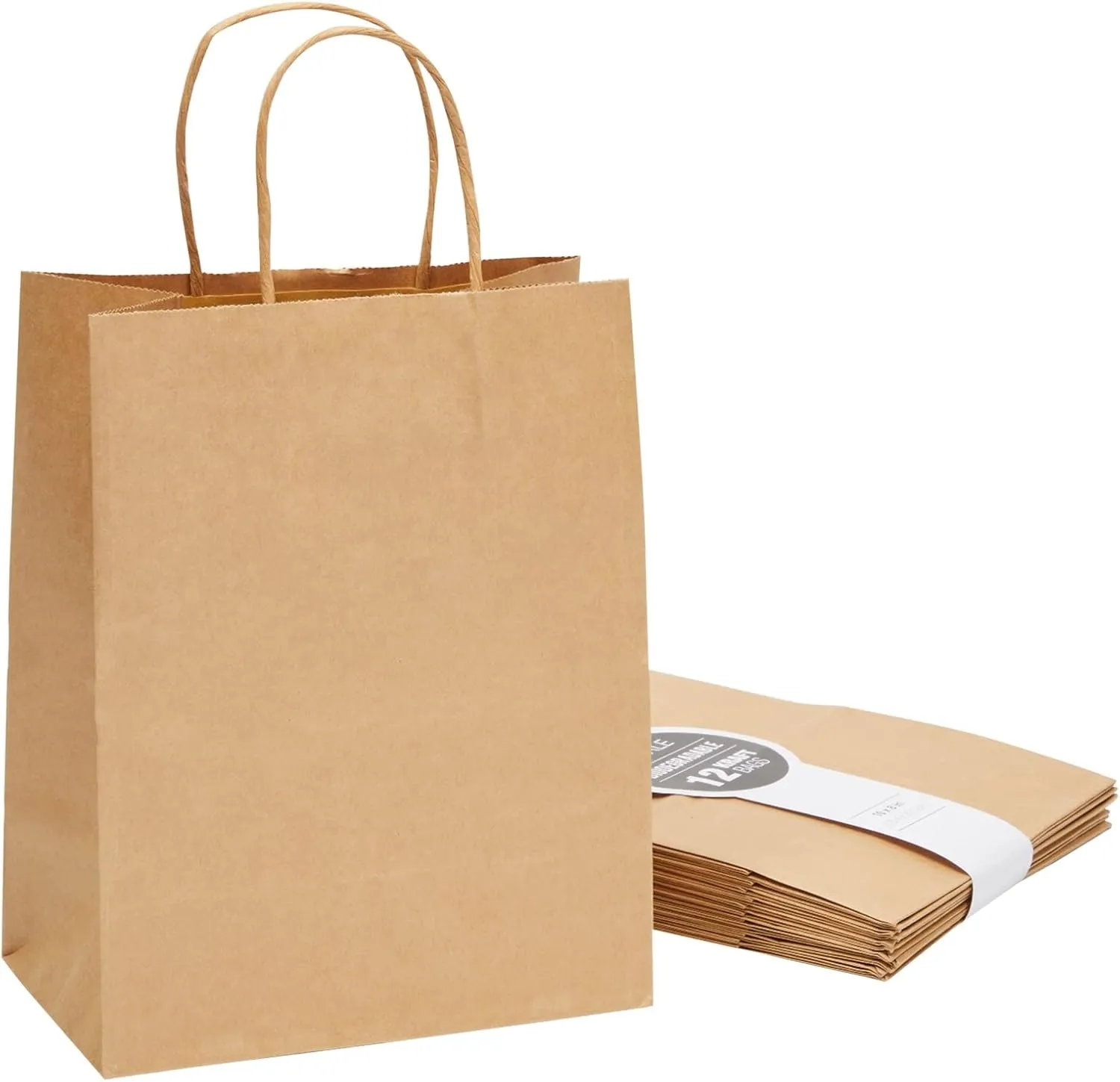 12 Pack Medium Paper Bags with Handles, Bulk Brown Bags for Party Favors, Goodies (8 x 4.75 x 10 In)