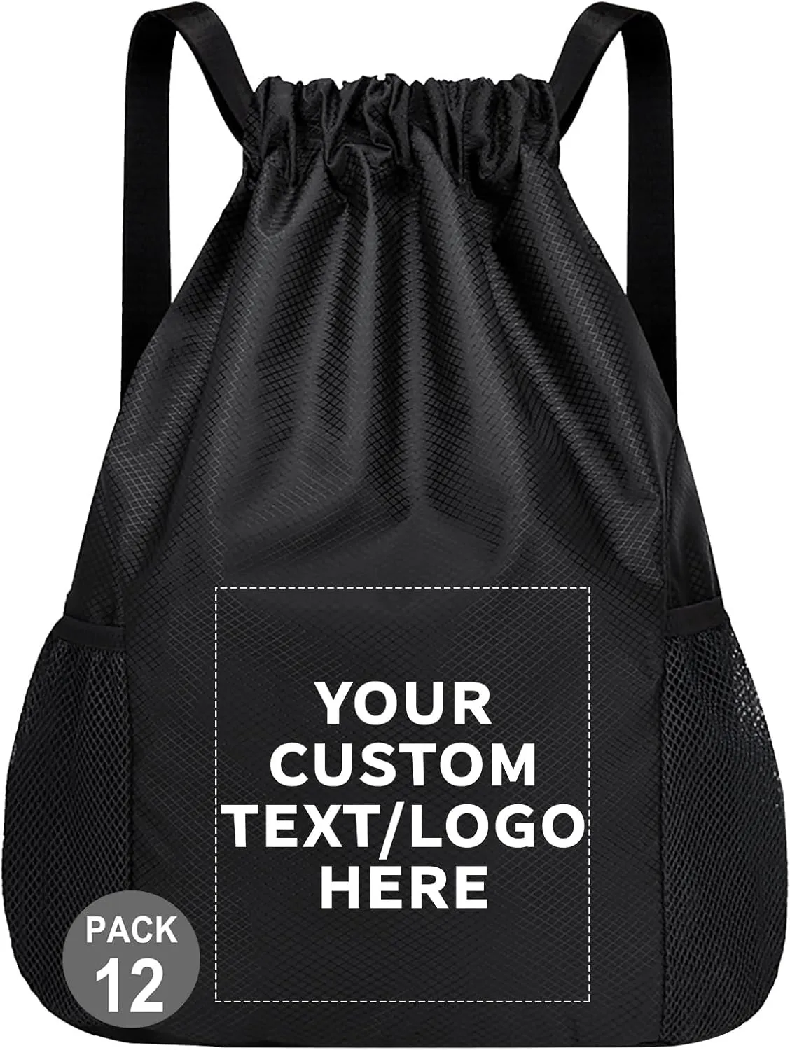 12 PCS Custom Drawstring Backpacks – Personalized Cinch Bags with Logo or Design, Waterproof, Adjustable Straps, Bulk Pack for Branding, Gym, Travel, or Promotions (Custom - Black, 12 bags)
