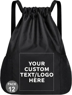 12 PCS Custom Drawstring Backpacks – Personalized Cinch Bags with Logo or Design, Waterproof, Adjustable Straps, Bulk Pack for Branding, Gym, Travel, or Promotions (Custom - Black, 12 bags)