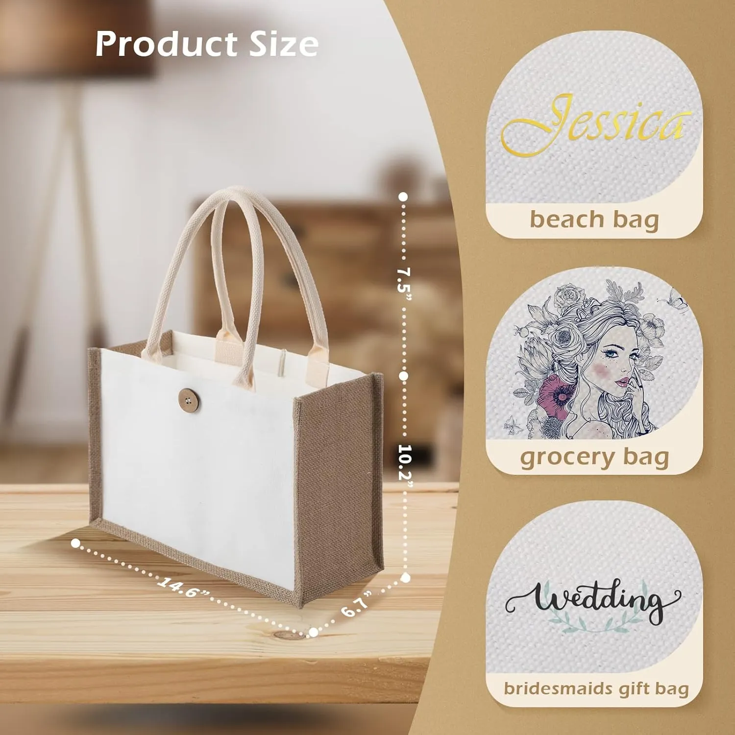 12 Pieces Jute Tote Bags Burlap Tote Beach Bags with Handles Reusable Waterproof Tote Shopping Bag Blank DIY Canvas Gift Bag