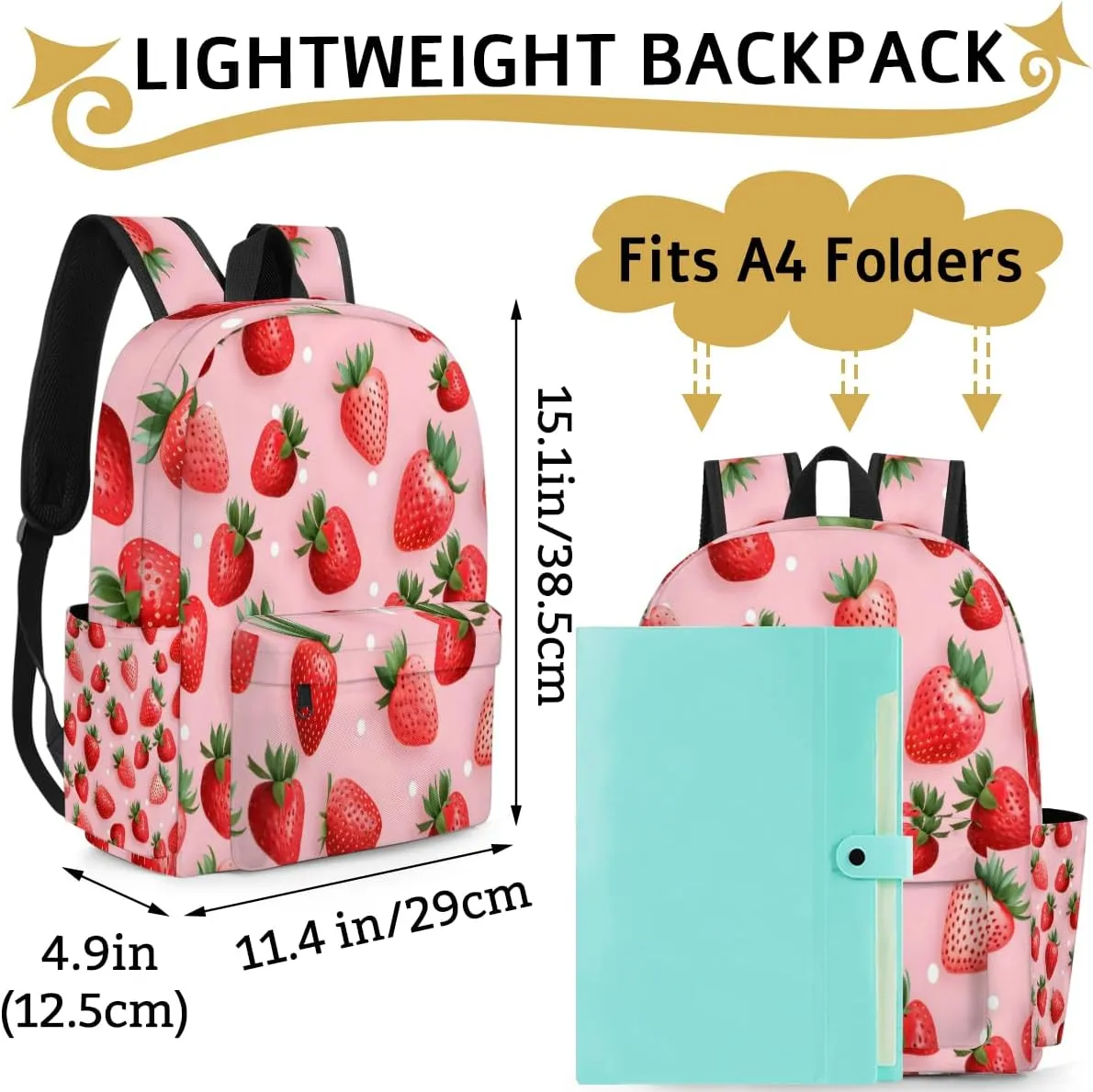 15 Inch Kids Backpacks for Preschool Kindergarten Elementary School Book Bags Girls Pink Strawberry
