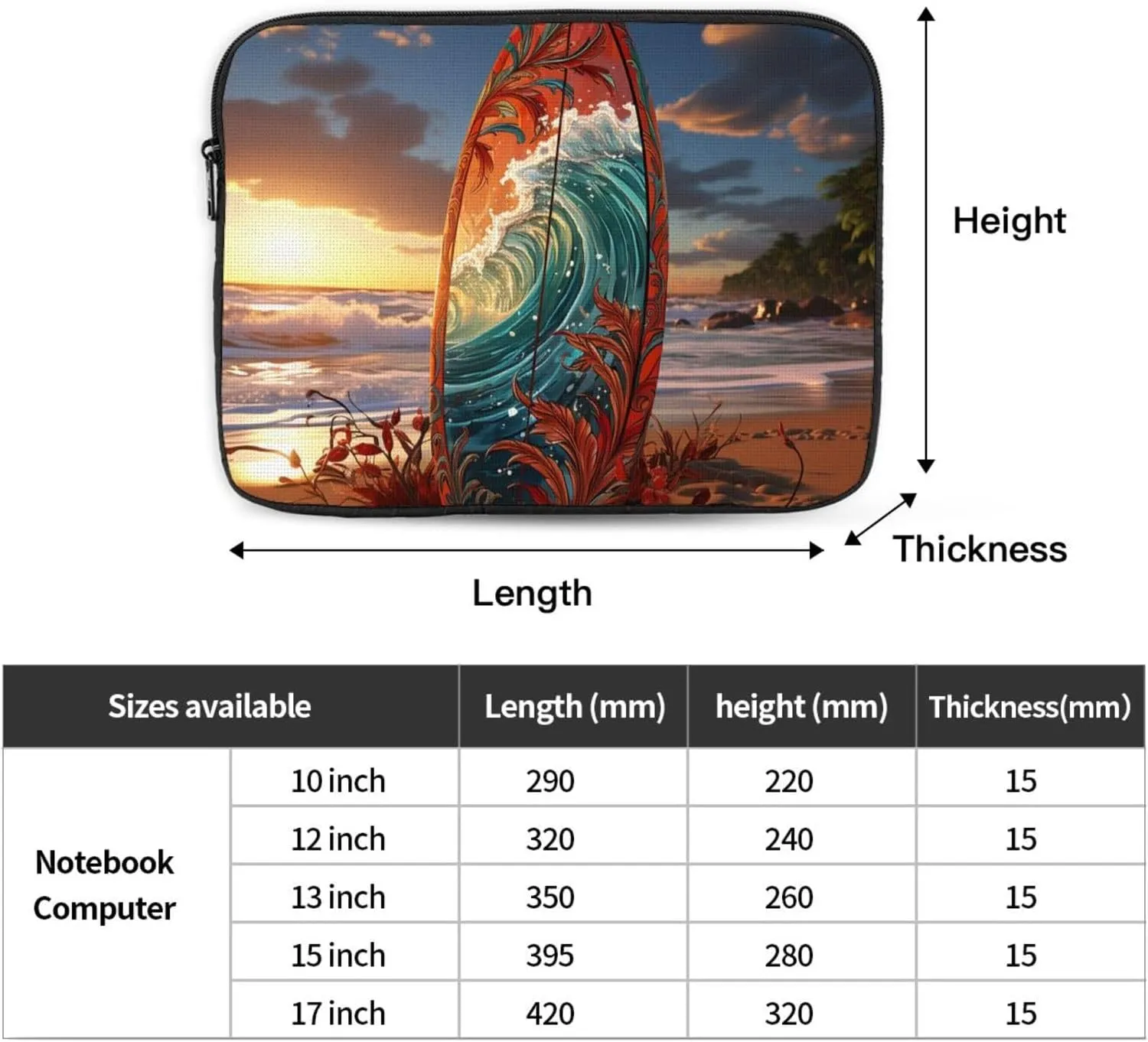 15 Inch Laptop Sleeve Bag Waterproof Shockproof Laptop Case Bags Lightweight Computer Skin Bag Colorful Surfboard Tablet Carrying Case
