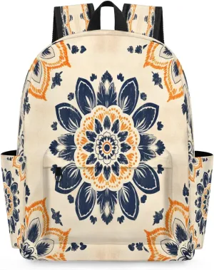 15.1 Inch Casual Backpack Ethnic Small Backpack with Multiple Pocket Waterproof Mini Bags Daypack with Chest Strap Ornamental Round Floral Travel Bag