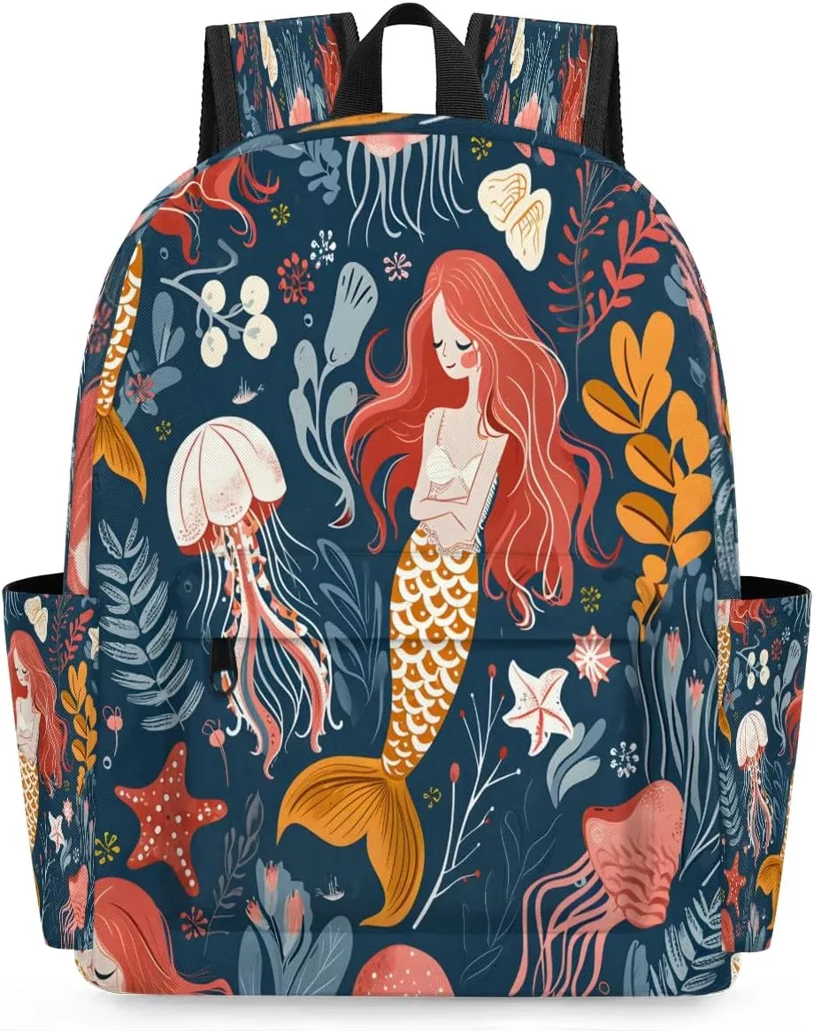 15.1 Inch Casual Backpack Ocean Pretty Mermaid Small Backpack with Multiple Pocket Waterproof Mini Bags Daypack with Chest Strap Jellyfish Starfish Travel Bag