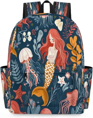 15.1 Inch Casual Backpack Ocean Pretty Mermaid Small Backpack with Multiple Pocket Waterproof Mini Bags Daypack with Chest Strap Jellyfish Starfish Travel Bag