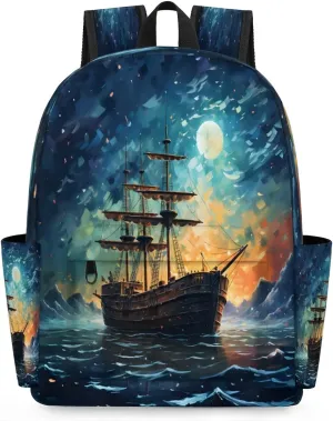 15.1 Inch Casual Backpack Ocean Ship Small Backpack with Multiple Pocket Waterproof Mini Bags Daypack with Chest Strap Maritime Travel Bag