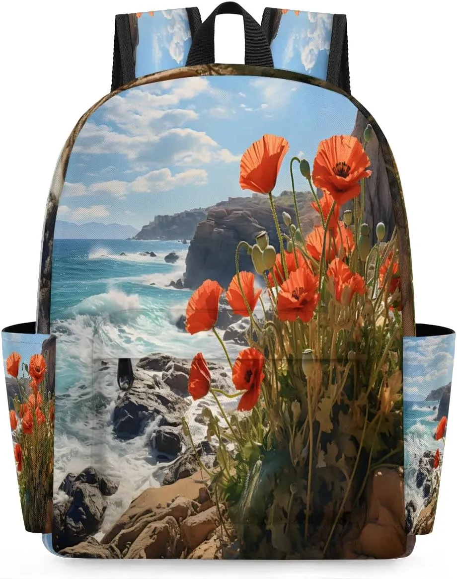 15.1 Inch Casual Backpack Red Flowers Small Backpack with Multiple Pocket Waterproof Mini Bags Daypack with Chest Strap Atlantic Coast Travel Bag