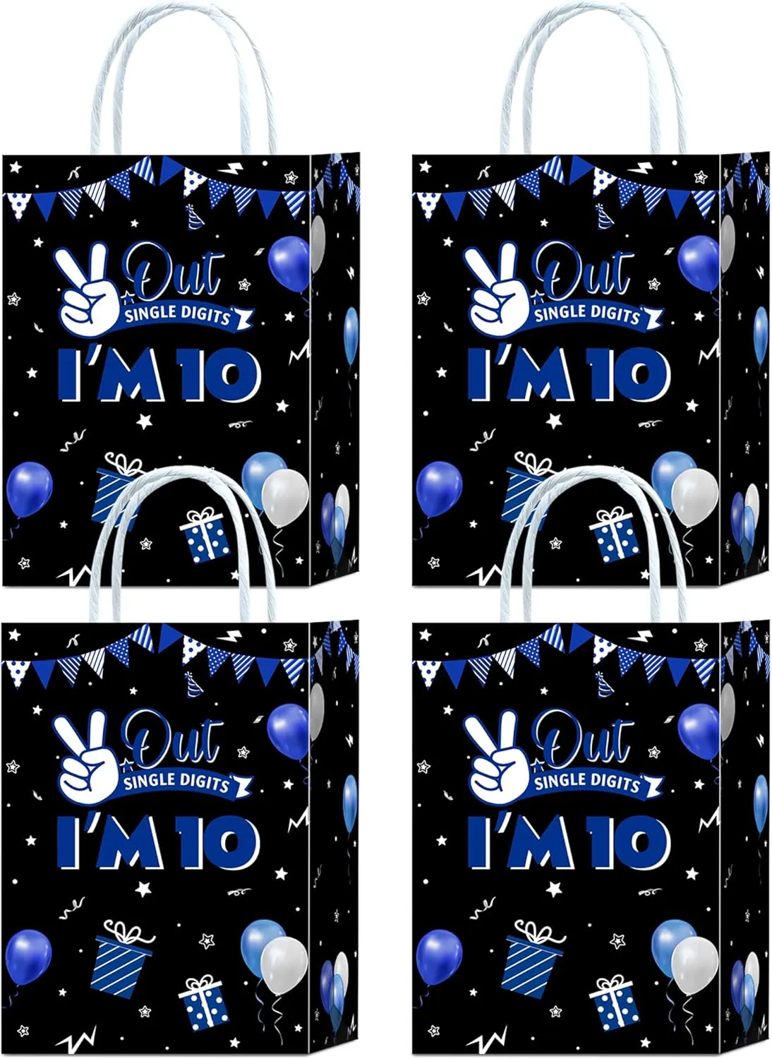 16 Pieces Out Single Digits I'm 10 Birthday Party Favors Bags,Blue and Black 10th Birthday Gift Snacks Treat Candy Party Favors Bags with Handles for Boys Girls 10th Birthday Party Decorations