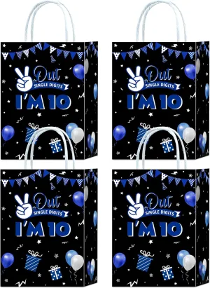 16 Pieces Out Single Digits I'm 10 Birthday Party Favors Bags,Blue and Black 10th Birthday Gift Snacks Treat Candy Party Favors Bags with Handles for Boys Girls 10th Birthday Party Decorations