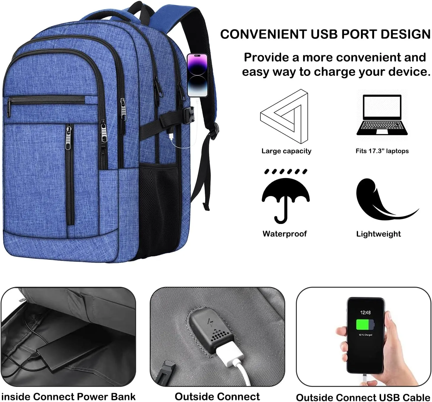 17 inch Travel laptop backpack Anti-Theft Backpack With USB Charging Port, Extra Large Business TSA Backpacks Sturdy Water Resistant Bag for Men Women, Blue