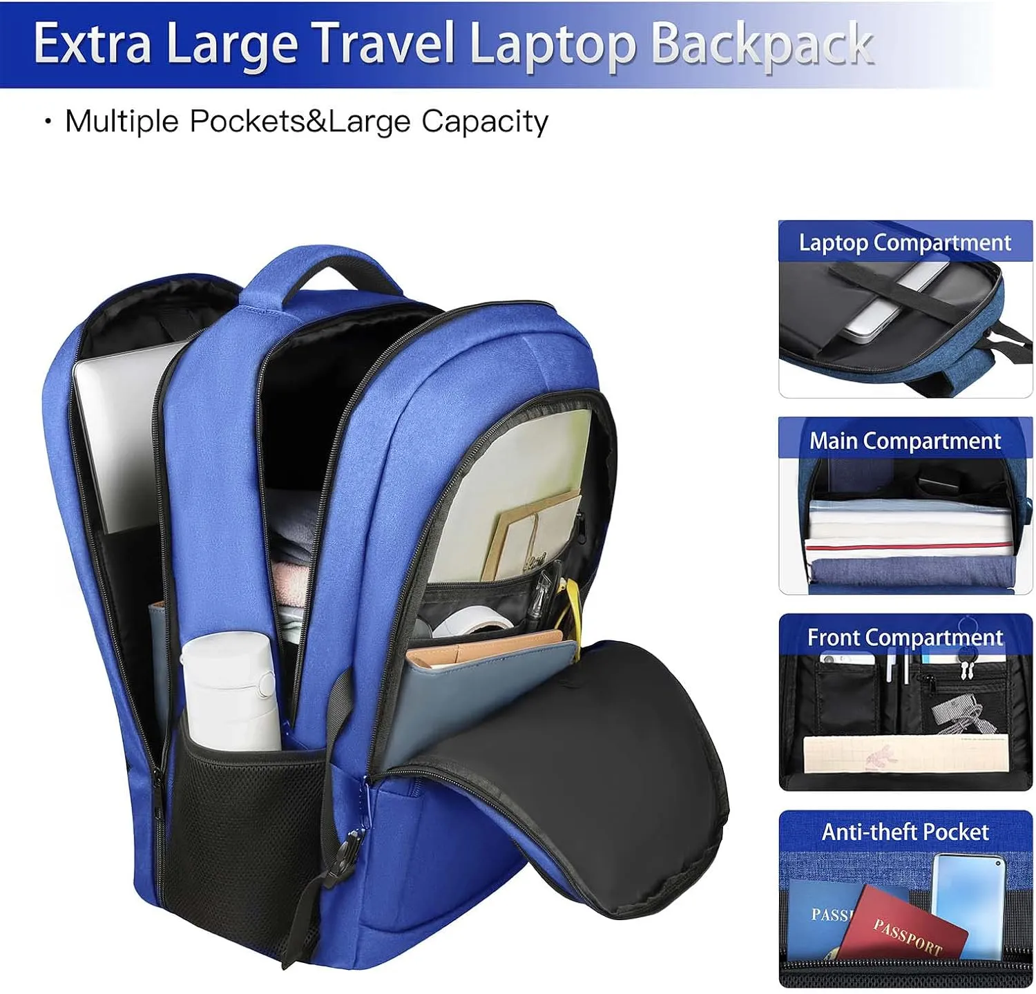 17 inch Travel laptop backpack Anti-Theft Backpack With USB Charging Port, Extra Large Business TSA Backpacks Sturdy Water Resistant Bag for Men Women, Blue
