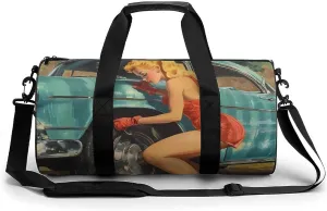 1950s Vintage Pin-up Fixing Flat Tire Unisex Gym Bag Travel Duffel Bags Overnight Sport Tote with Compartment for Weekender Vacation