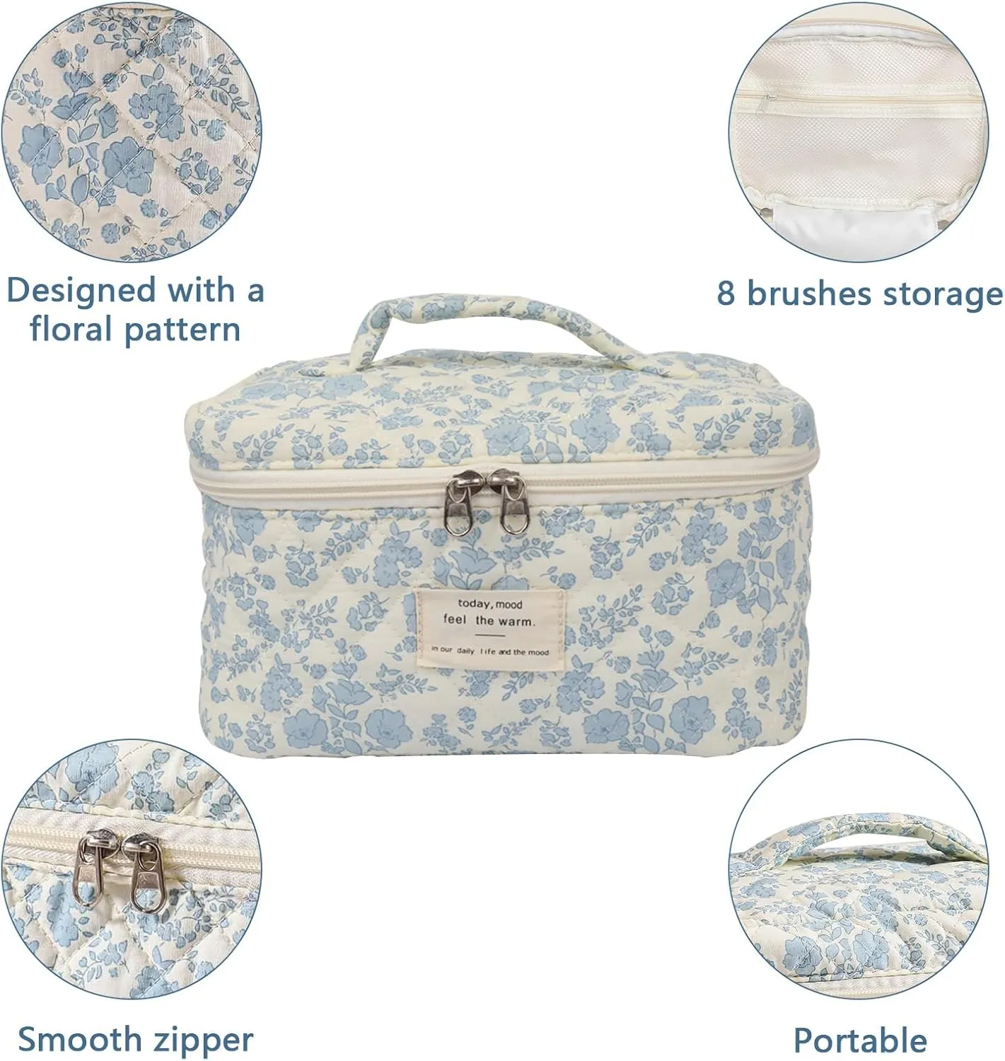 1pc Large Makeup Bag, Cute Cosmetic Bag for Women Girls, Floral Coquette Aesthetic Toiletry Bag, Travel Make Up Organizer Bag (Blue Plaid Bow）