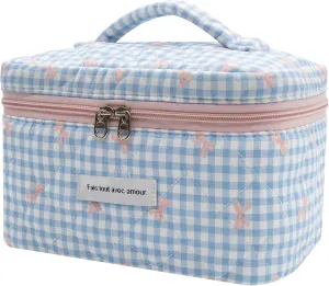1pc Large Makeup Bag, Cute Cosmetic Bag for Women Girls, Floral Coquette Aesthetic Toiletry Bag, Travel Make Up Organizer Bag (Blue Plaid Bow）