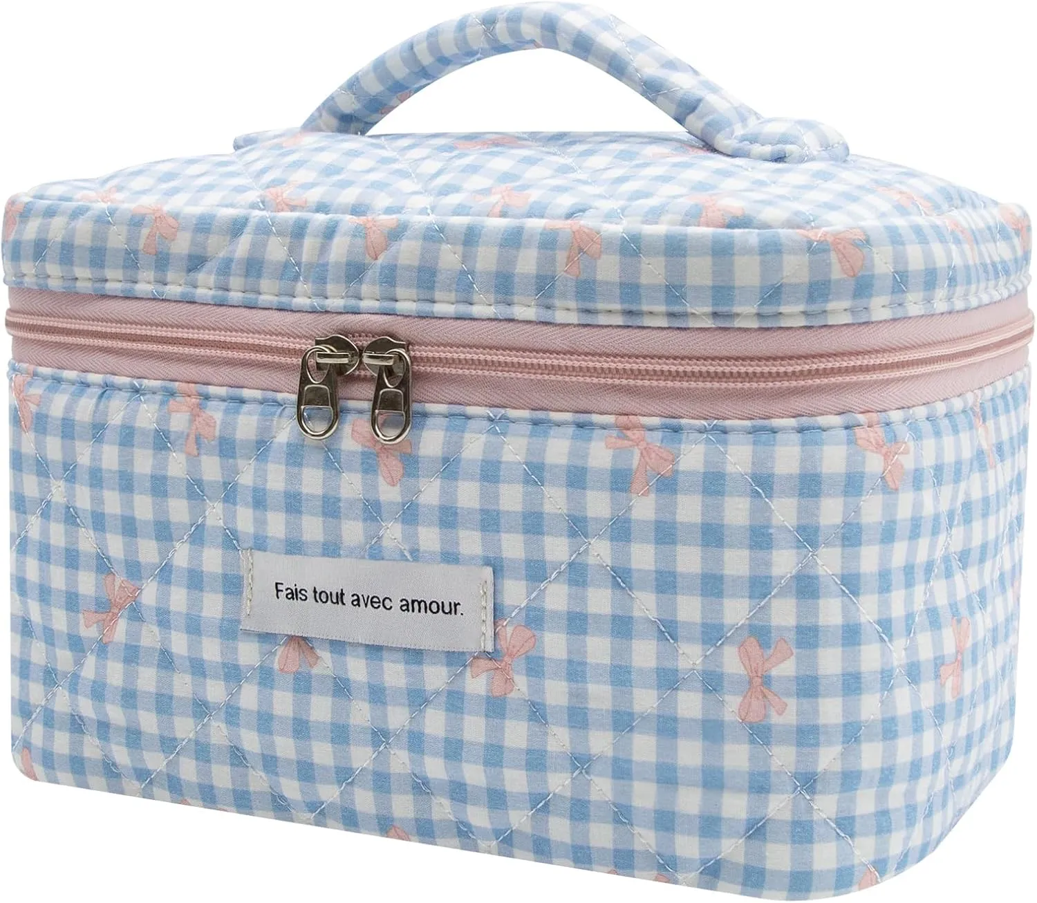 1pc Large Makeup Bag, Cute Cosmetic Bag for Women Girls, Floral Coquette Aesthetic Toiletry Bag, Travel Make Up Organizer Bag (Blue Plaid Bow）