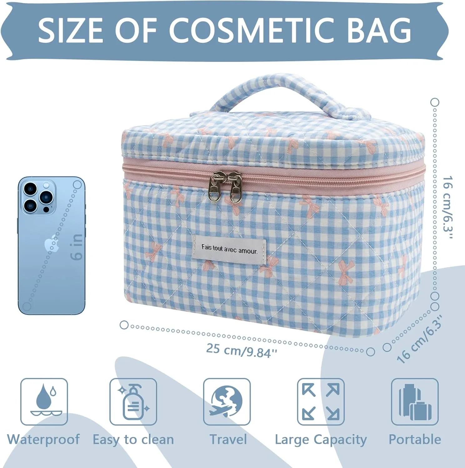 1pc Large Makeup Bag, Cute Cosmetic Bag for Women Girls, Floral Coquette Aesthetic Toiletry Bag, Travel Make Up Organizer Bag (Blue Plaid Bow）