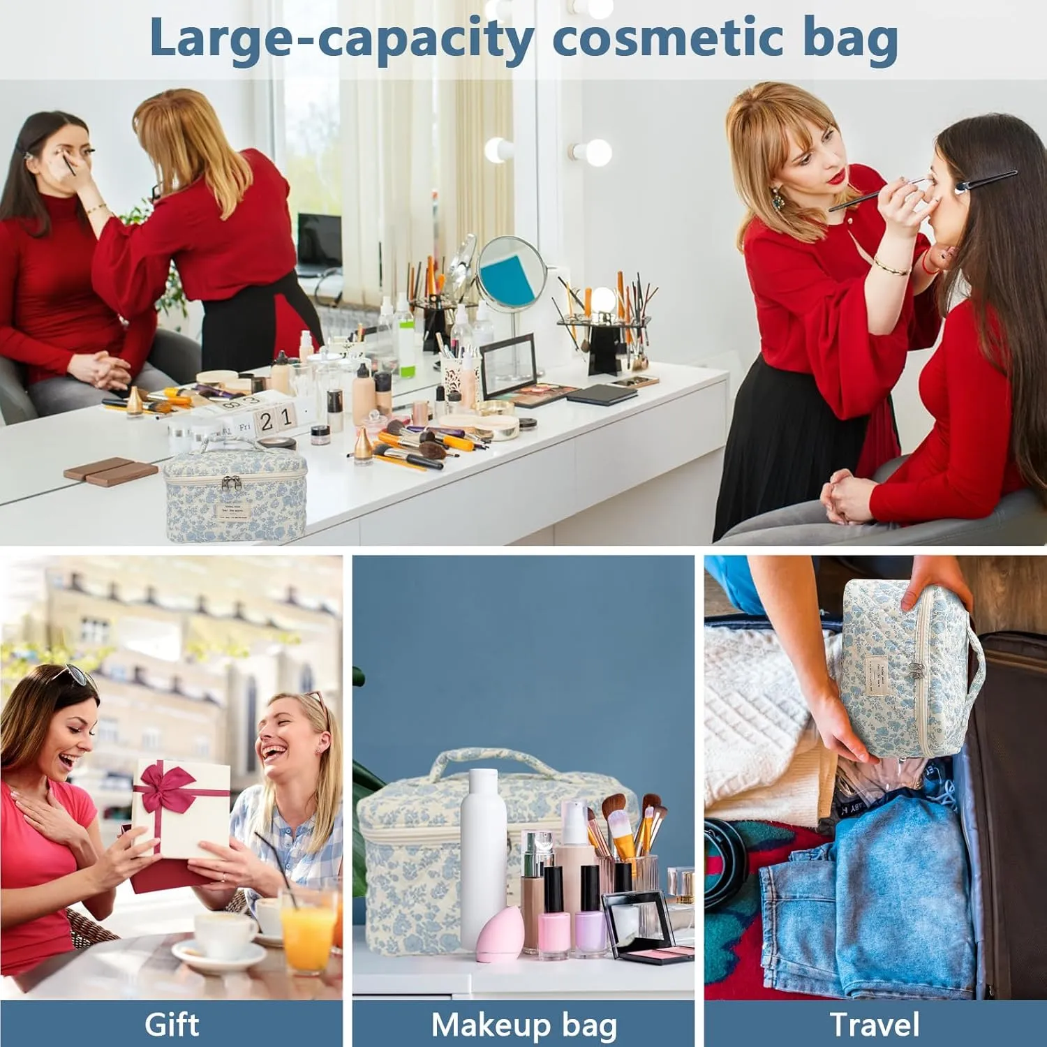 1pc Large Makeup Bag, Cute Cosmetic Bag for Women Girls, Floral Coquette Aesthetic Toiletry Bag, Travel Make Up Organizer Bag (Blue Plaid Bow）
