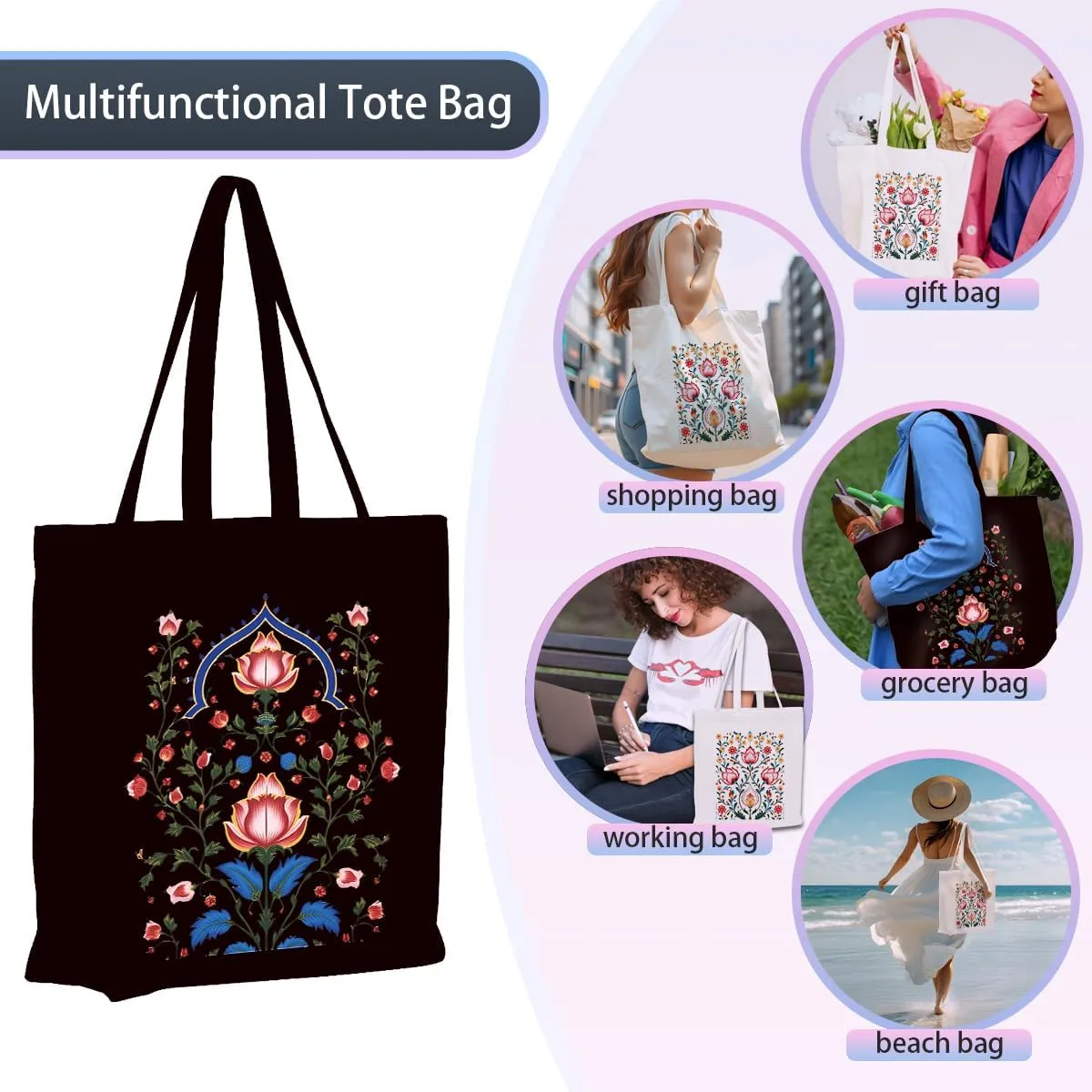 2 Pcs Canvas Tote Bag Floral Set Canvas Bag for Work Shopping Beach Grocery Christmas Birthday Gift for Women