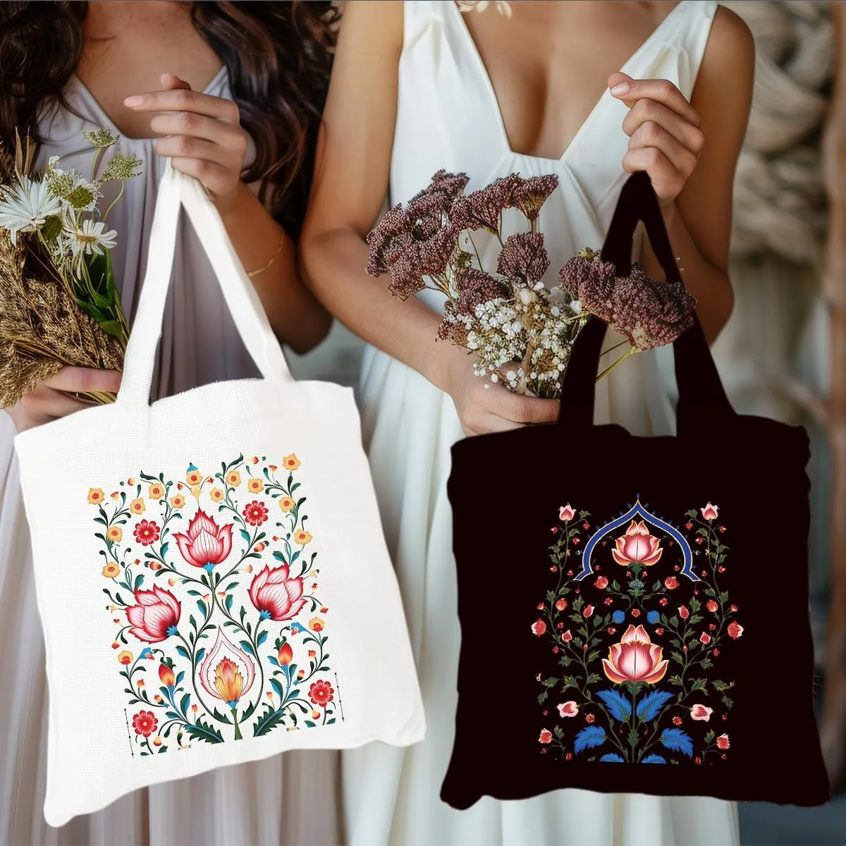 2 Pcs Canvas Tote Bag Floral Set Canvas Bag for Work Shopping Beach Grocery Christmas Birthday Gift for Women