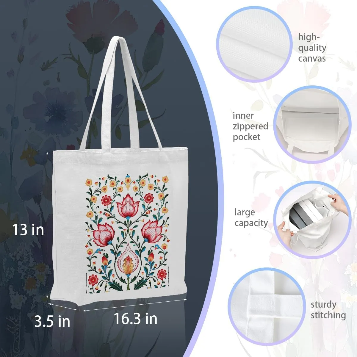 2 Pcs Canvas Tote Bag Floral Set Canvas Bag for Work Shopping Beach Grocery Christmas Birthday Gift for Women