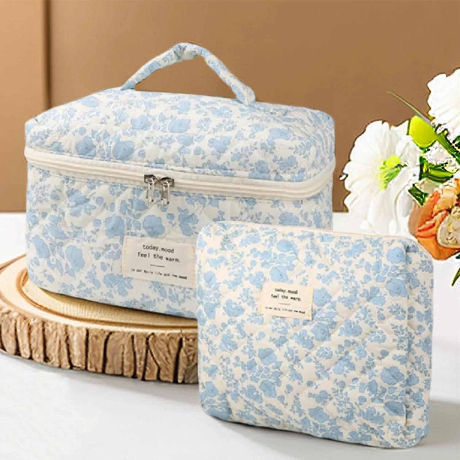 2 Pcs Cute Quilted Makeup Organizer Set, Floral Travel Toiletry Bag for Women Girls (A)