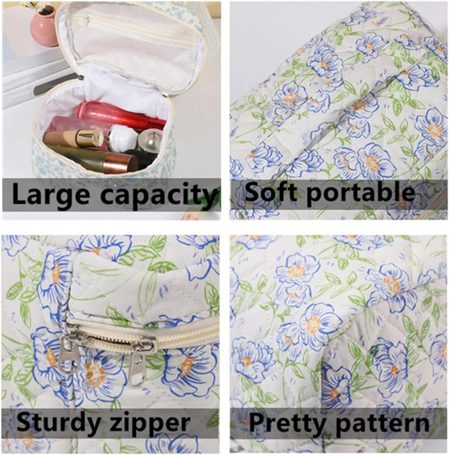 2 Pcs Cute Quilted Makeup Organizer Set, Floral Travel Toiletry Bag for Women Girls (A)