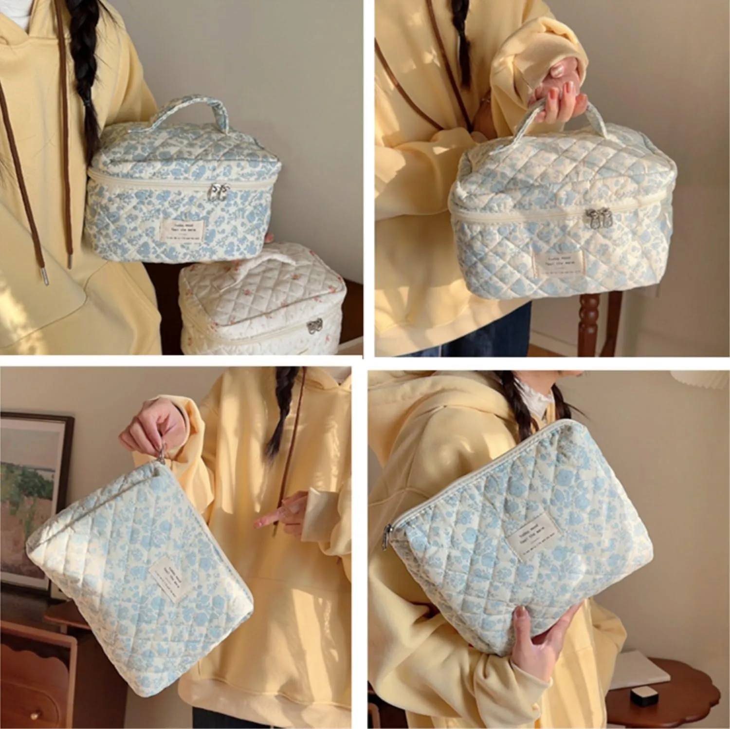 2 Pcs Cute Quilted Makeup Organizer Set, Floral Travel Toiletry Bag for Women Girls (A)