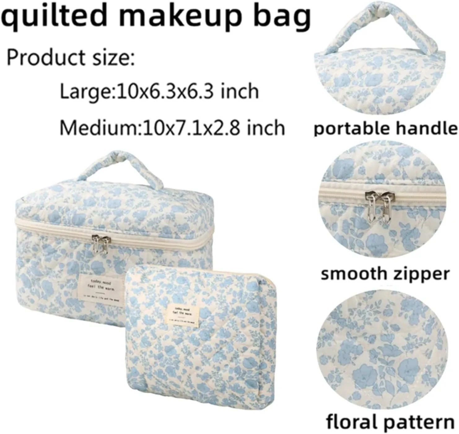 2 Pcs Cute Quilted Makeup Organizer Set, Floral Travel Toiletry Bag for Women Girls (A)