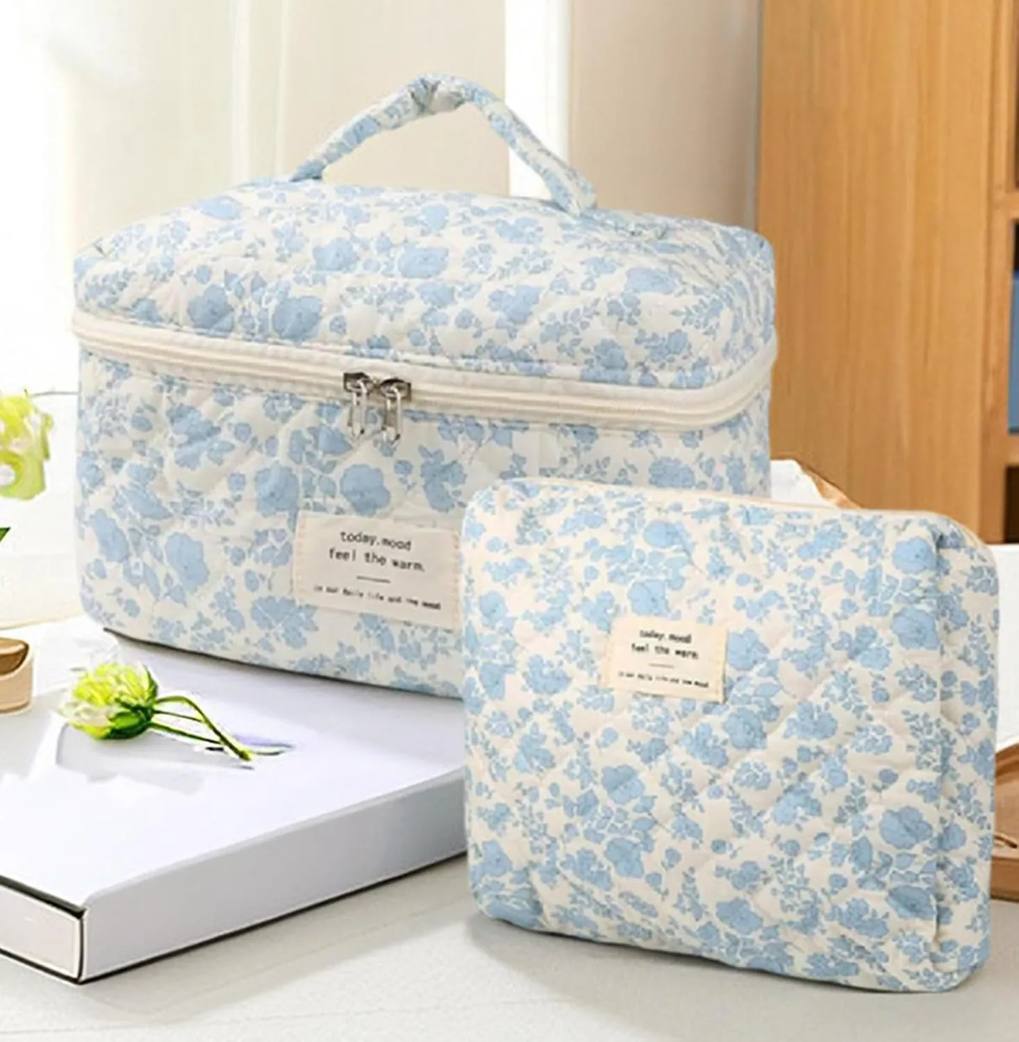 2 Pcs Cute Quilted Makeup Organizer Set, Floral Travel Toiletry Bag for Women Girls (A)