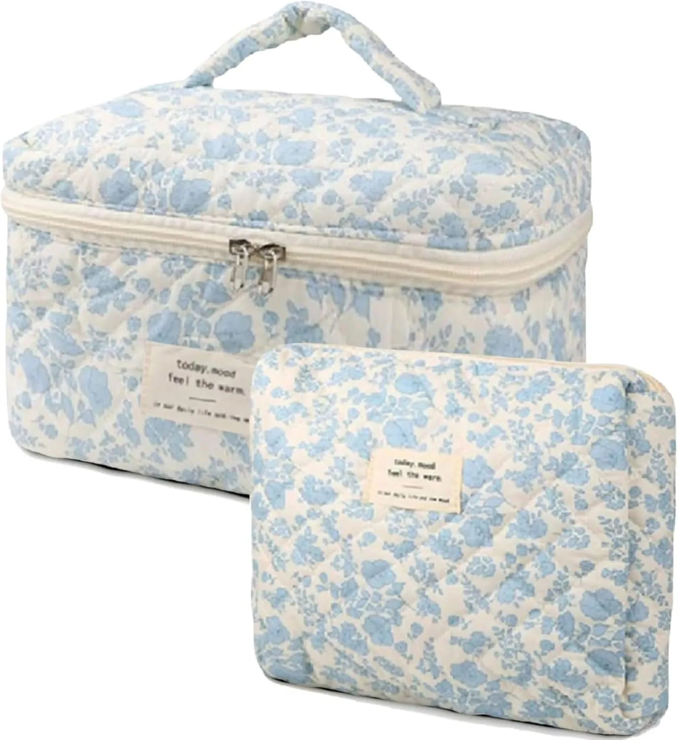 2 Pcs Cute Quilted Makeup Organizer Set, Floral Travel Toiletry Bag for Women Girls (A)