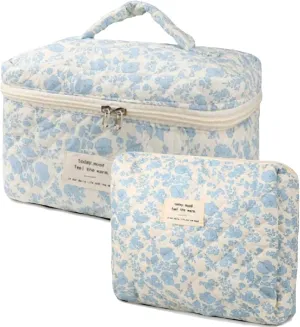 2 Pcs Cute Quilted Makeup Organizer Set, Floral Travel Toiletry Bag for Women Girls (A)