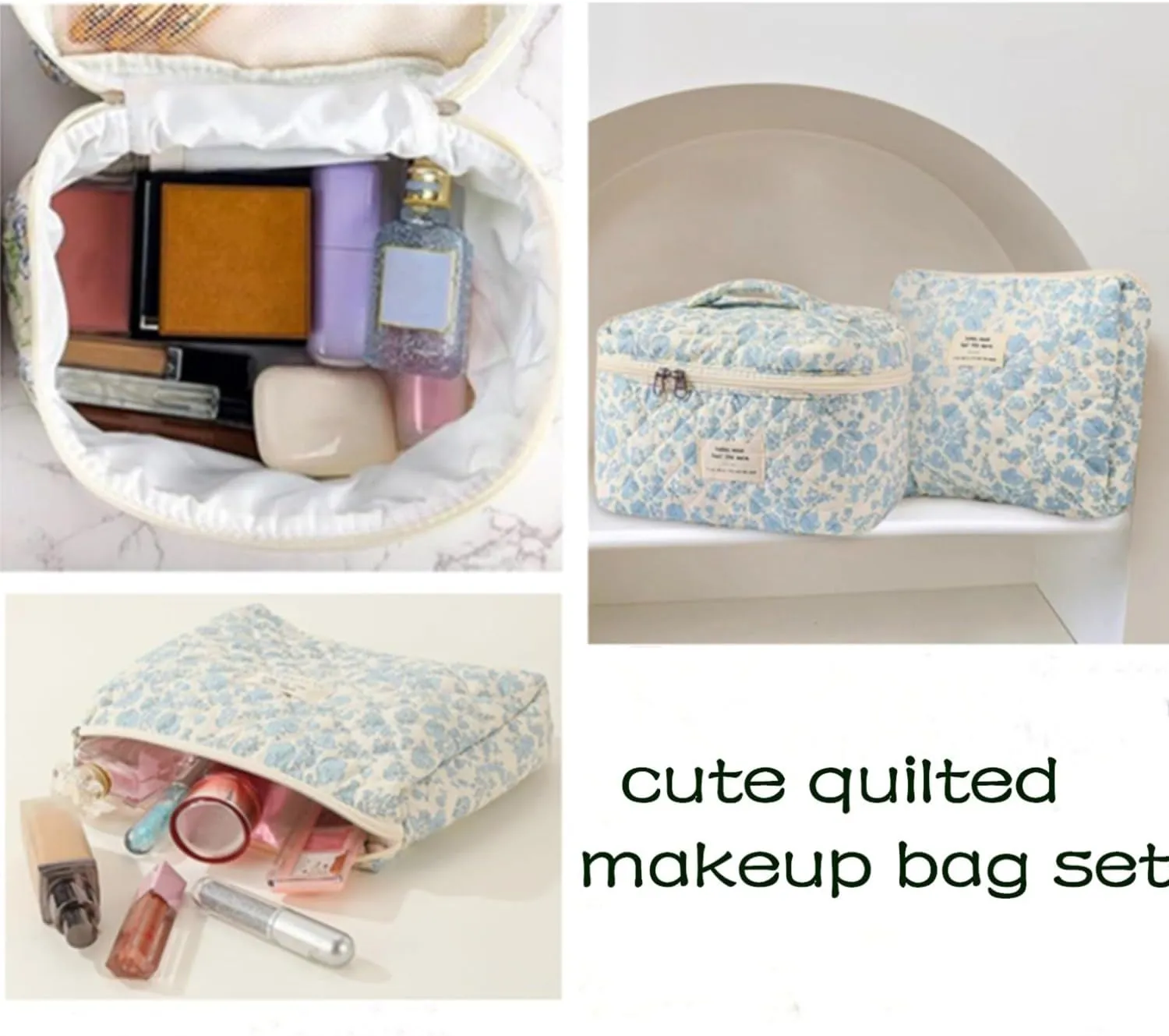 2 Pcs Cute Quilted Makeup Organizer Set, Floral Travel Toiletry Bag for Women Girls (A)