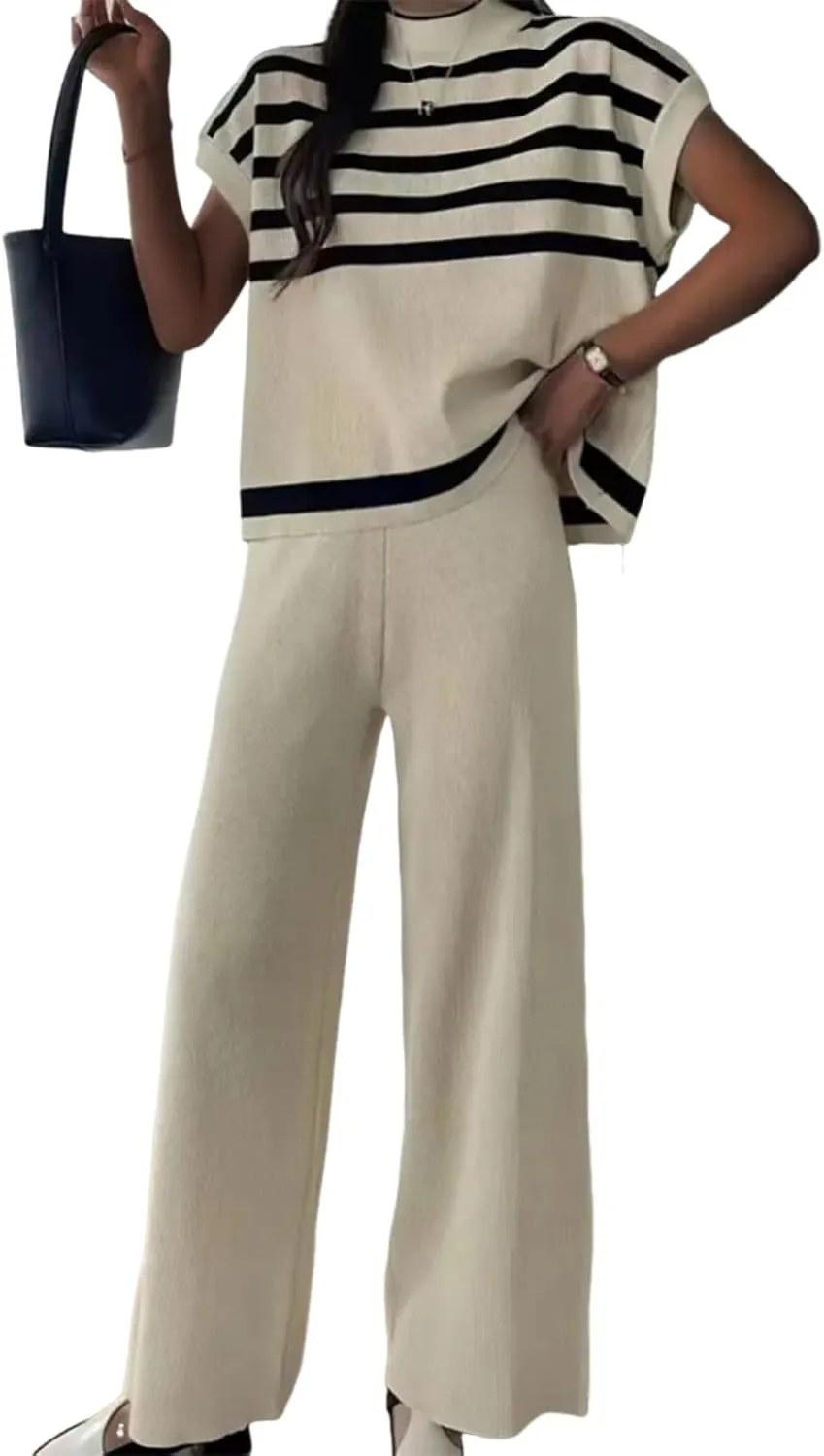 2 Piece Sets For Women Lounge Wear Matching Two Piece Stylish Striped Short Sleeve Tops and Plain Pants Summer Outfit