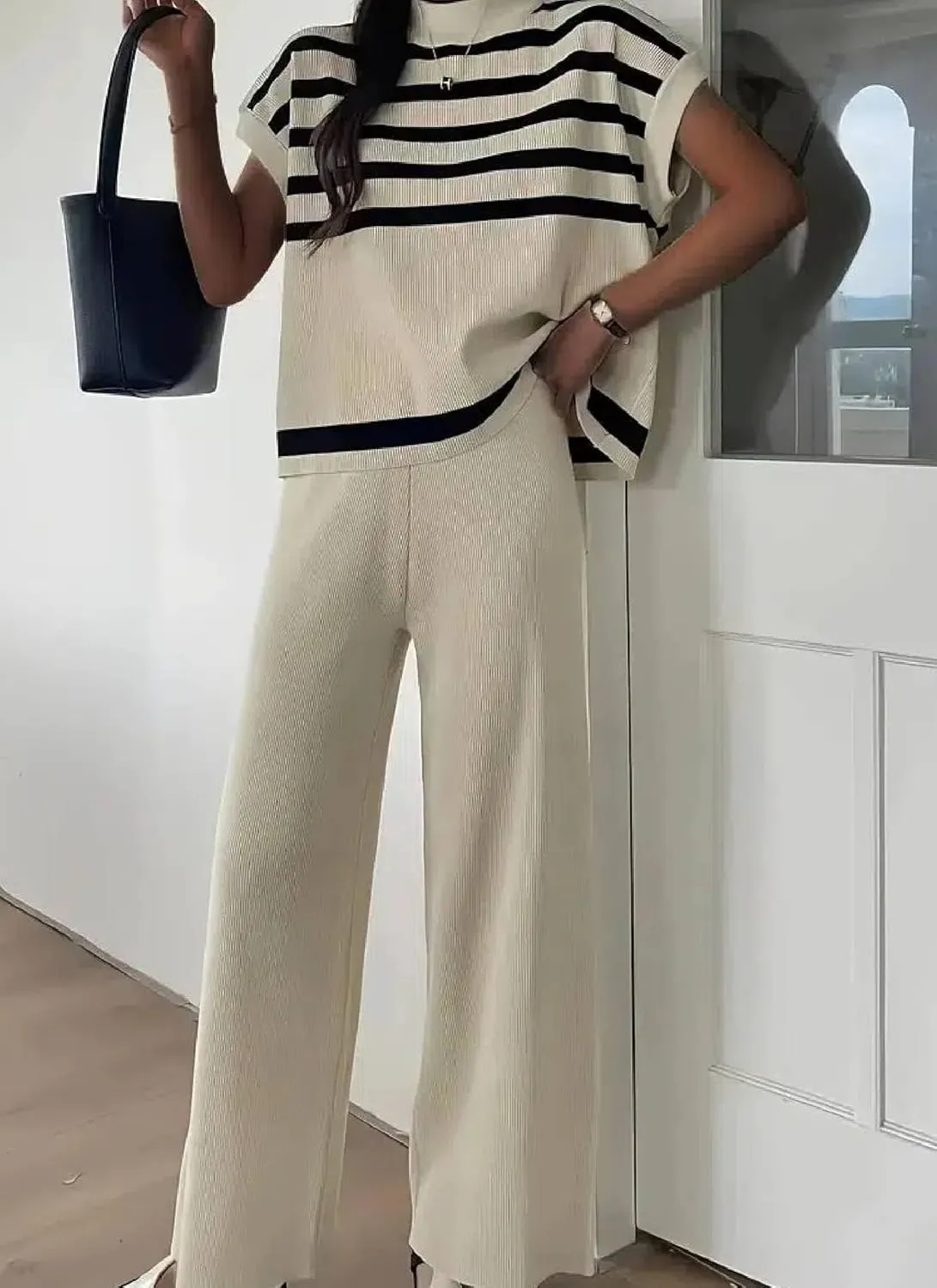 2 Piece Sets For Women Lounge Wear Matching Two Piece Stylish Striped Short Sleeve Tops and Plain Pants Summer Outfit