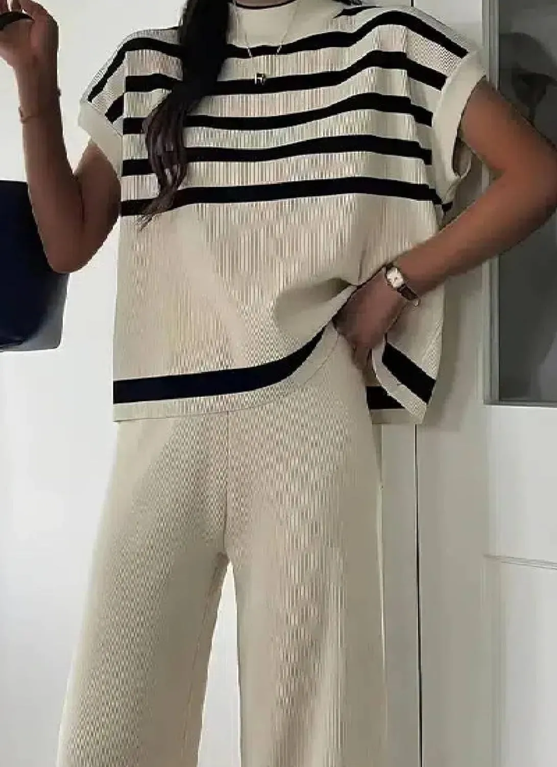 2 Piece Sets For Women Lounge Wear Matching Two Piece Stylish Striped Short Sleeve Tops and Plain Pants Summer Outfit