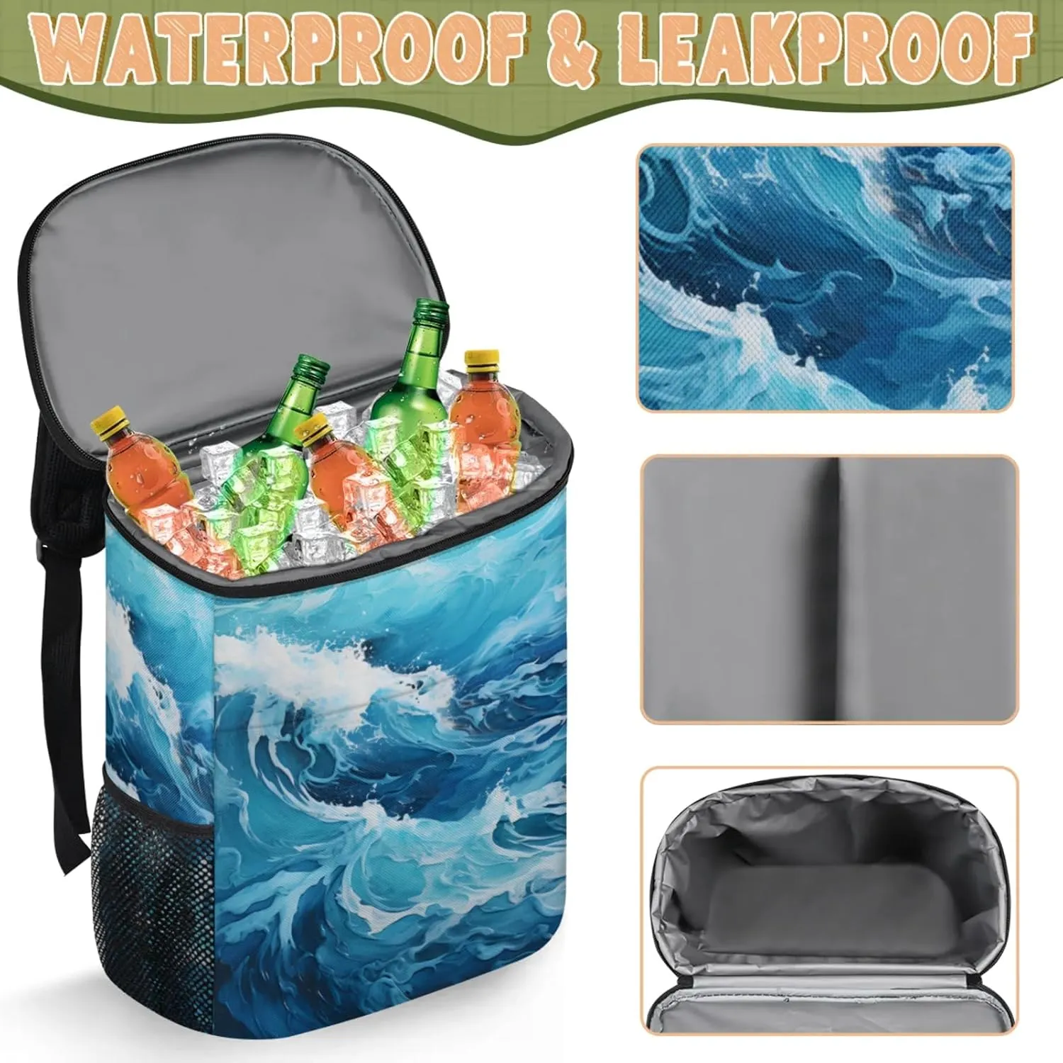 20-Hour Insulated Backpack Cooler Striped Anchor Leakproof Cooler Bag Portable Cooler Backpack