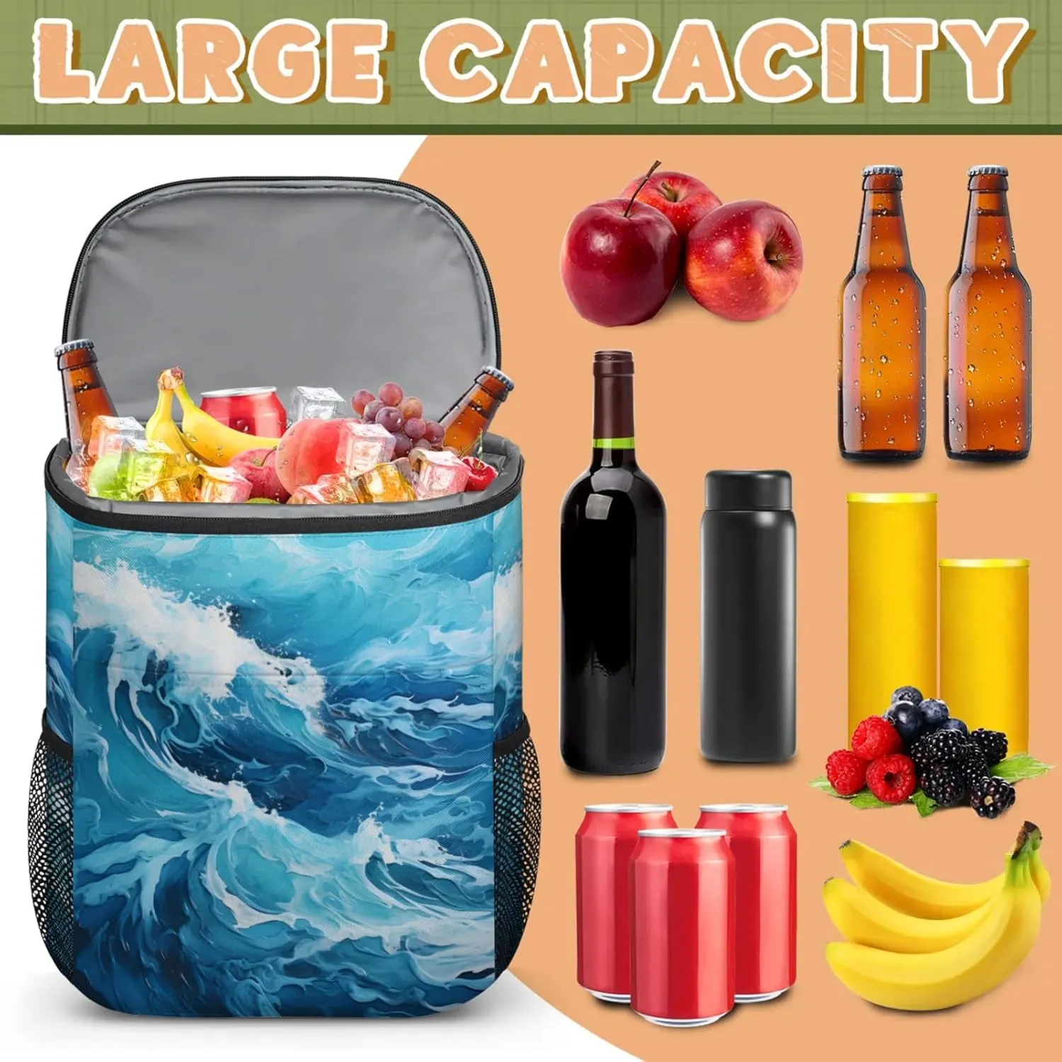 20-Hour Insulated Backpack Cooler Striped Anchor Leakproof Cooler Bag Portable Cooler Backpack