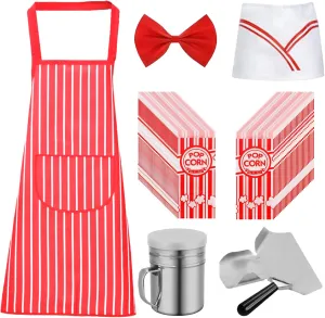 200 Pcs Popcorn Bags with Popcorn Scoop & Salt Shaker, Red White Striped Apron with Chef Hat and Bow Tie