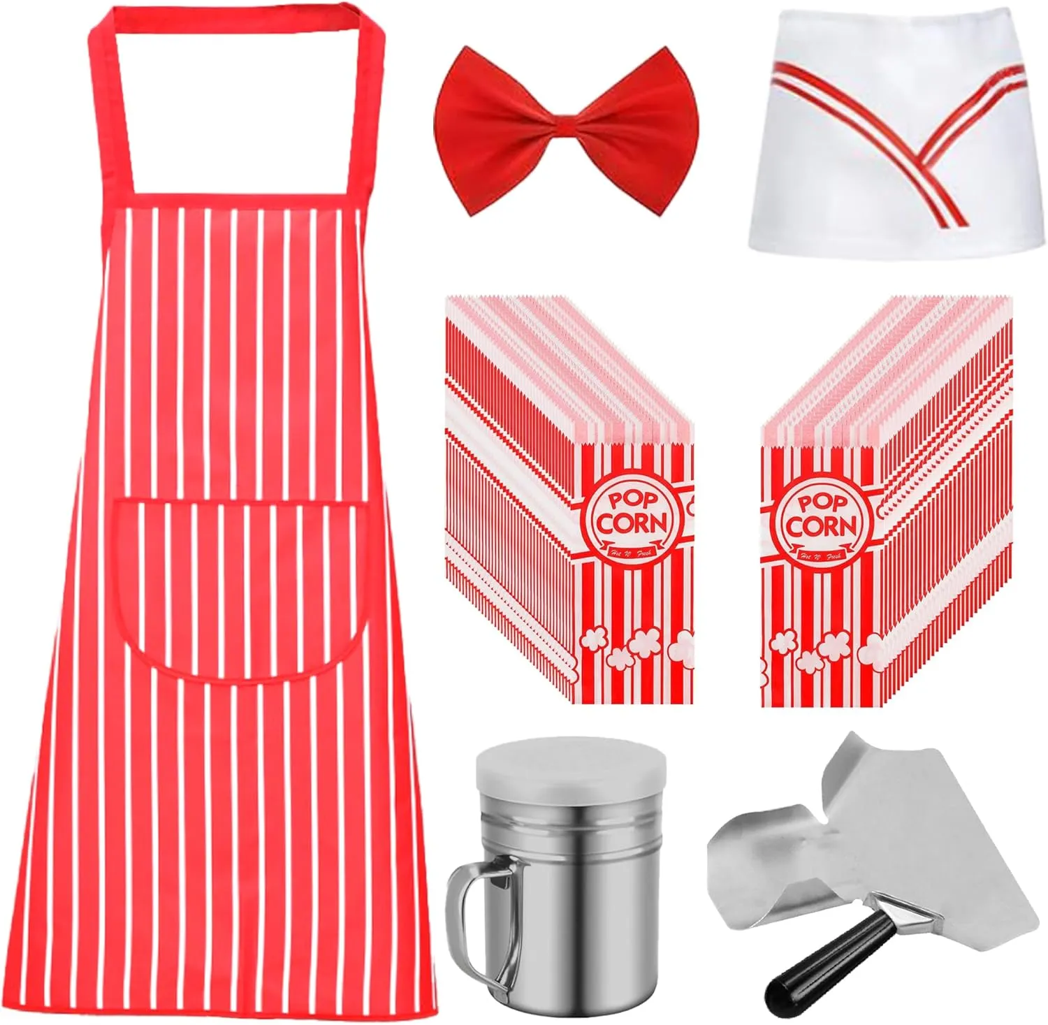 200 Pcs Popcorn Bags with Popcorn Scoop & Salt Shaker, Red White Striped Apron with Chef Hat and Bow Tie