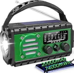 20000mah Emergency Radio, SW/NOAA/AM/FM Weather Radio, Solar Powered Hand Crank Chager with Bige Batery Powered,Portable,Cellphone Charge,SOS,Flashlight for Emergency/Home (Green)