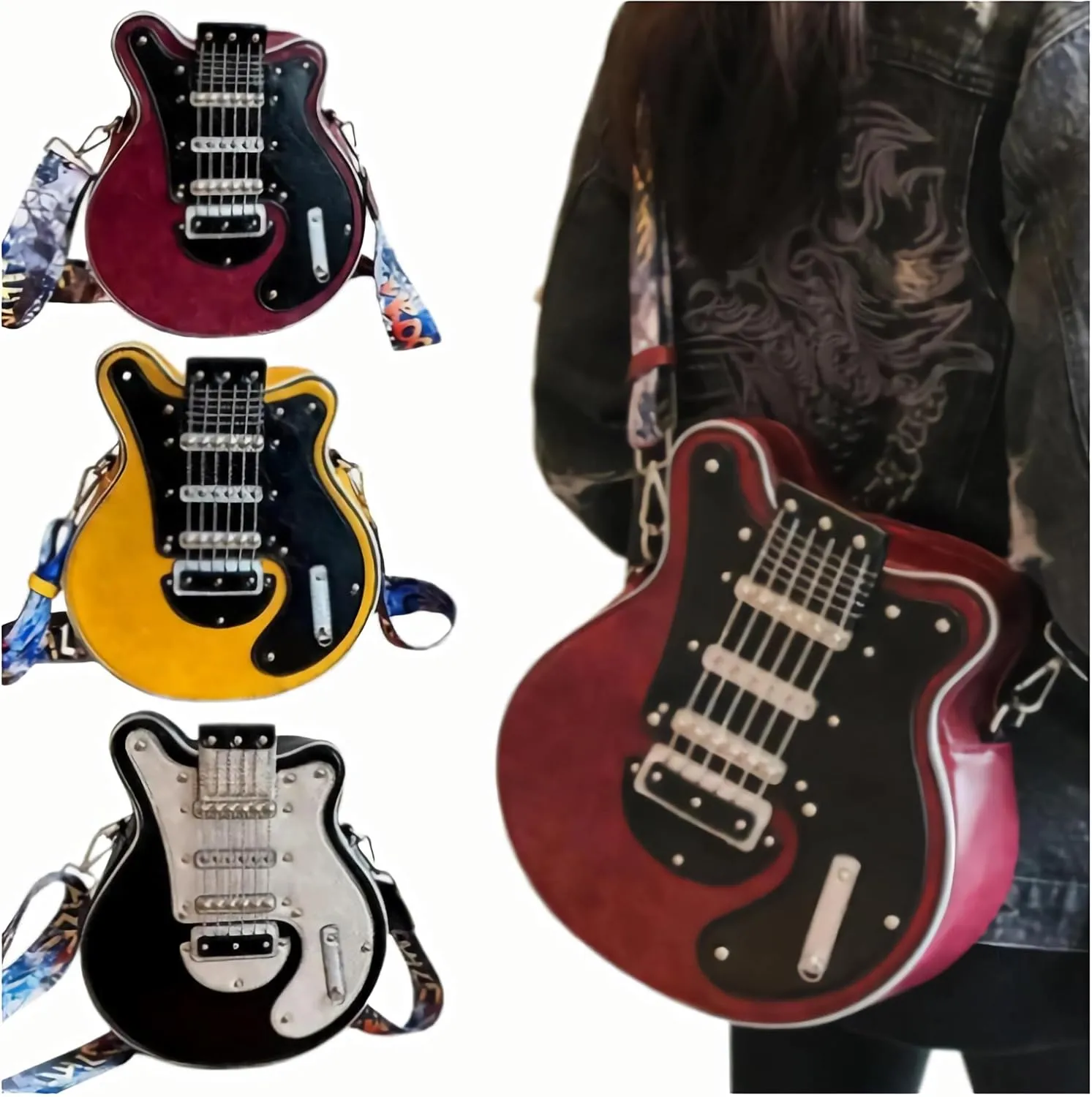 2024 Niche guitar-shaped crossbody bags, novelty crossbody bags, studd-embellished stylish shoulder bags