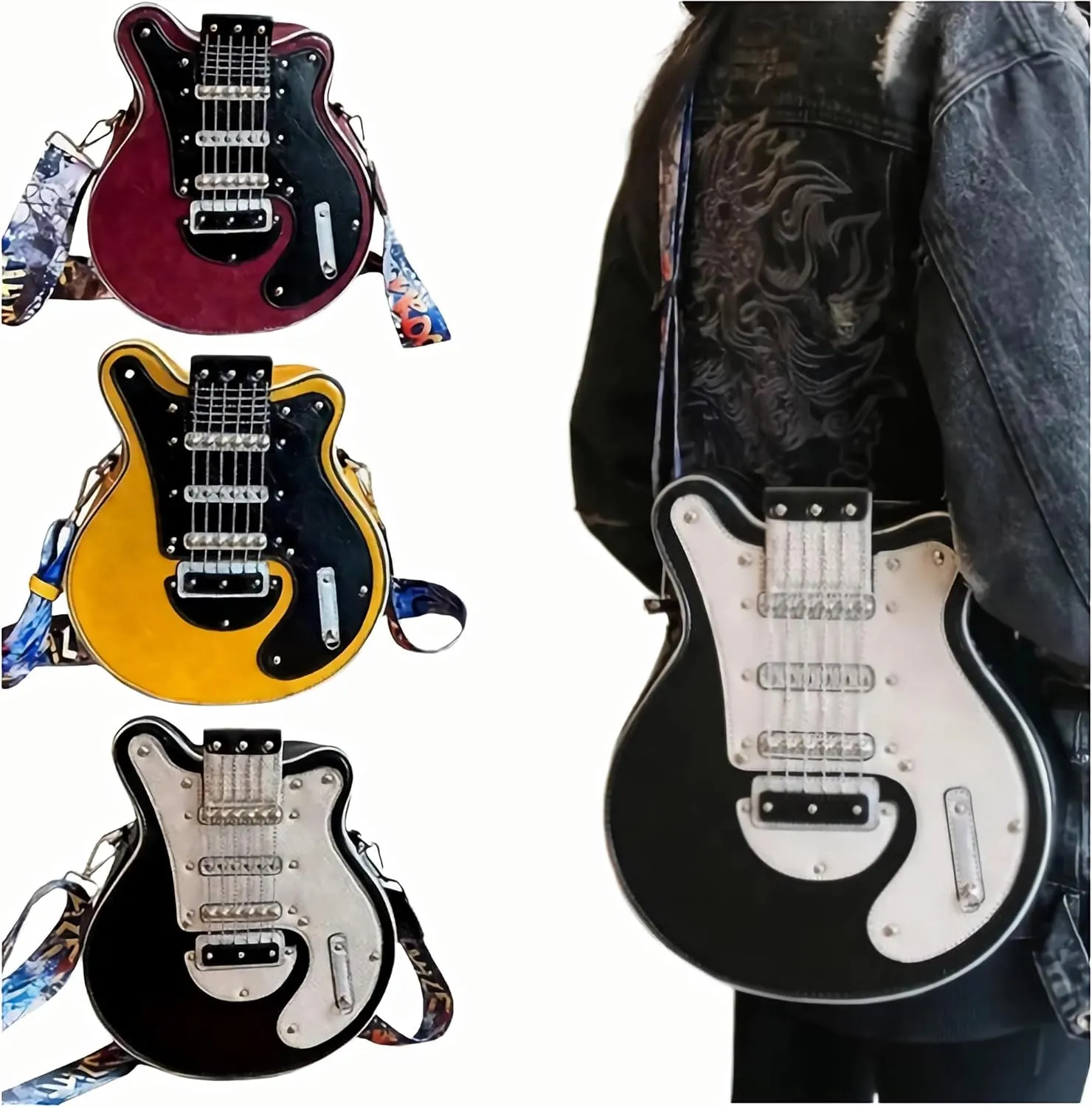 2024 Niche guitar-shaped crossbody bags, novelty crossbody bags, studd-embellished stylish shoulder bags