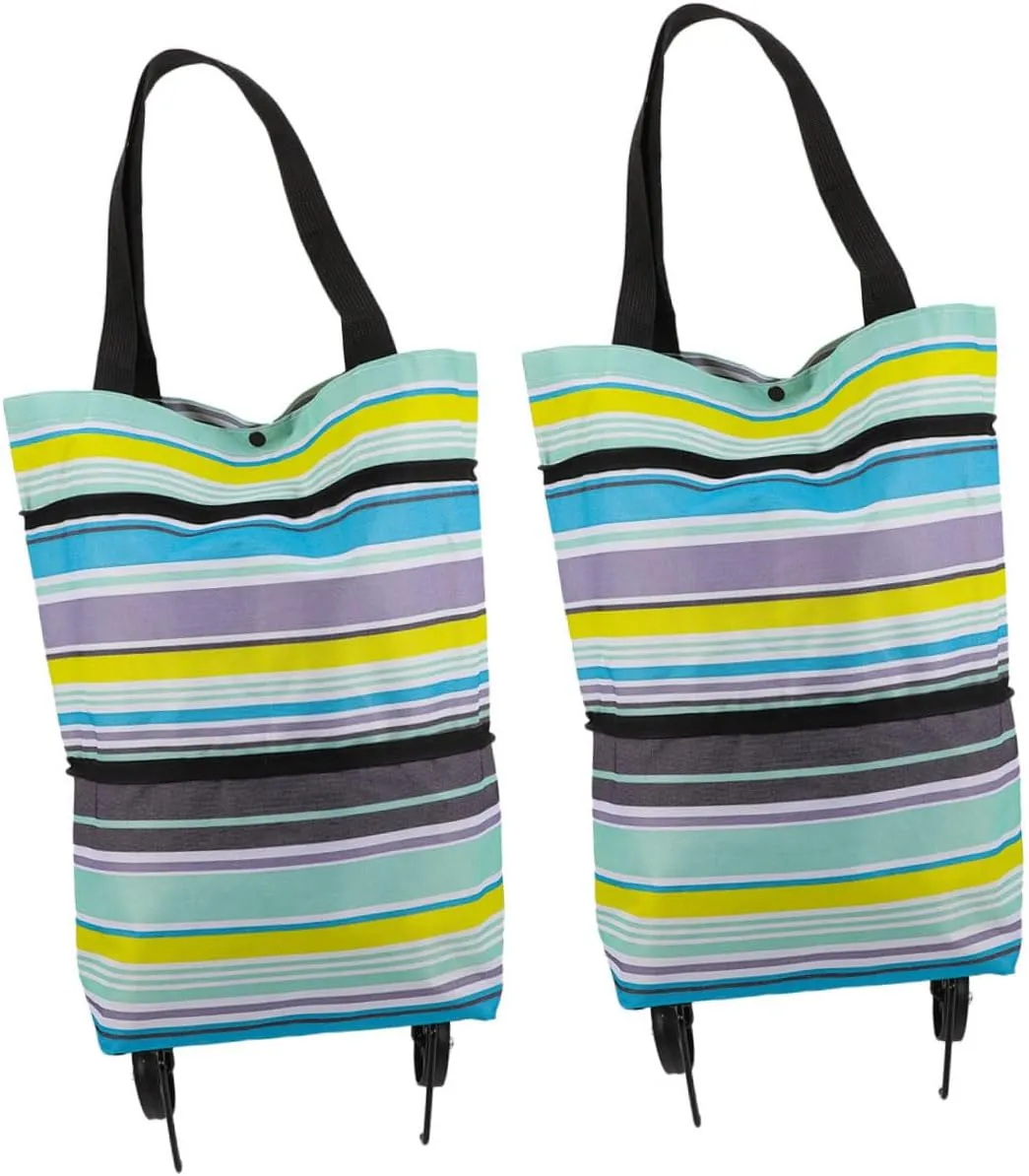 2Pcs Foldable Shopping Cart Rolling Tote Bag with Wheels Portable Striped Shopping Tote Reusable Wheeled Tote for Groceries Lightweight and Compact Design